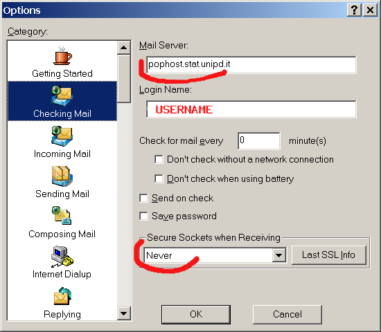 Inserire nei campi, nell'ordine: pophost.stat.unipd.it, username, selezionare nessuna checkbox, scegliere never nelle opzioni Secure Sockets