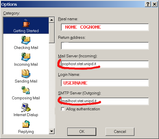 Inserire nei campi, nell'ordine: nome e cognome, return address (opzionale), pophost.stat.unipd.it, username, mailhost.stat.unipd.it